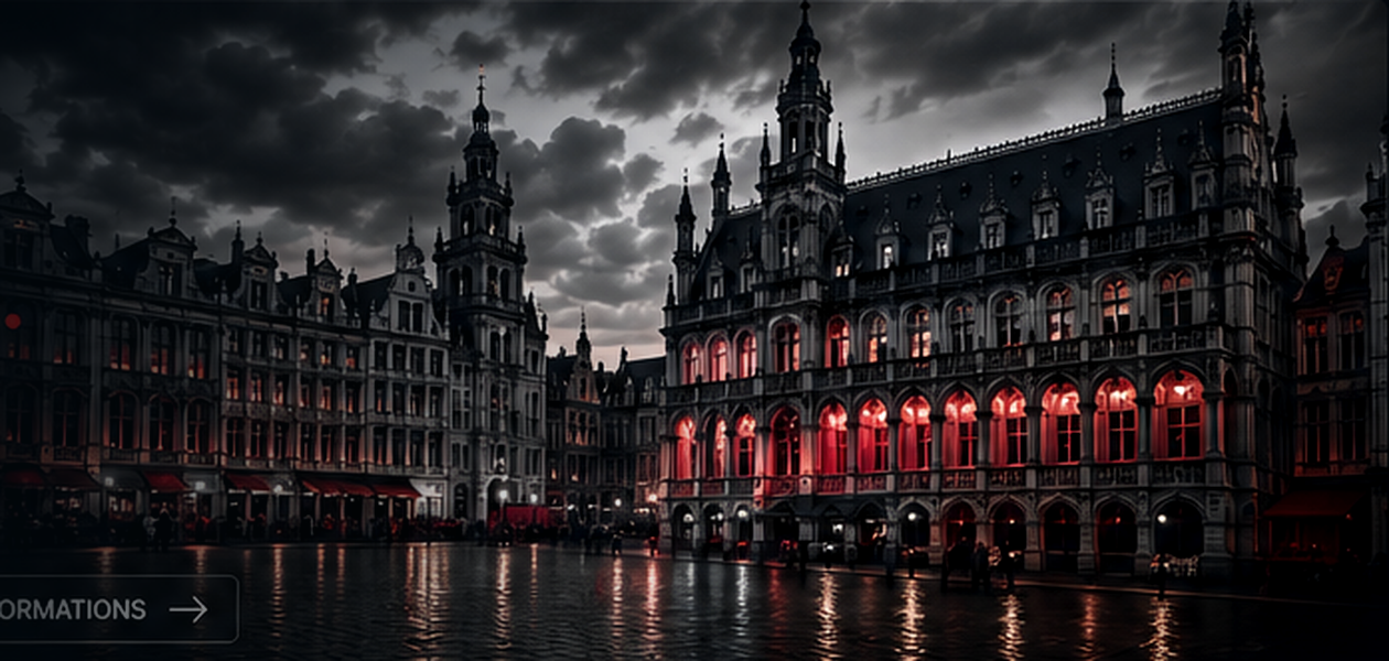Illustration originale d'une place urbaine belge sous un ciel sombre